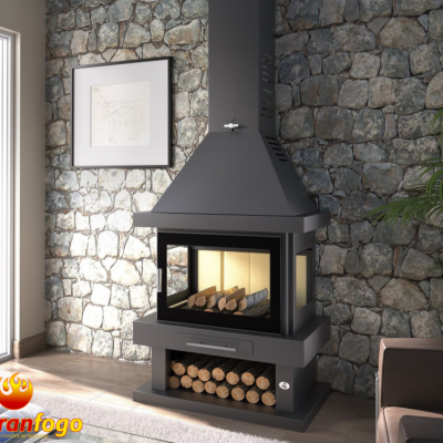 Lareira preta moderna em sala com parede de pedra rústica e quadro