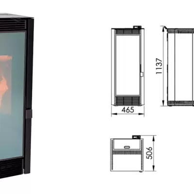 aparelho preto retangular com porta de vidro fosco e desenhos técnicos de medidas
