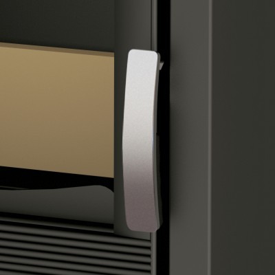 Puxador metálico prateado em eletrodoméstico preto com área bege