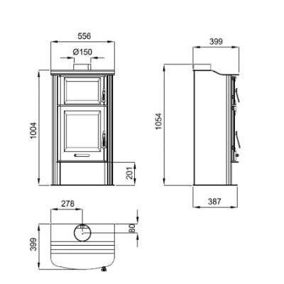 Desenho técnico de fogão com dimensões em milímetros.