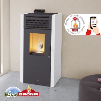 Aparelho de aquecimento Bronpi Bio com chama visível, corpo branco e porta de vidro preto.