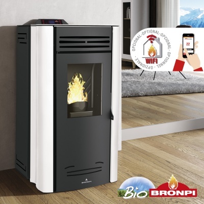 Estufa de pellets preta e branca com chama visível, símbolo WIFI e etiqueta Bio BRONPI