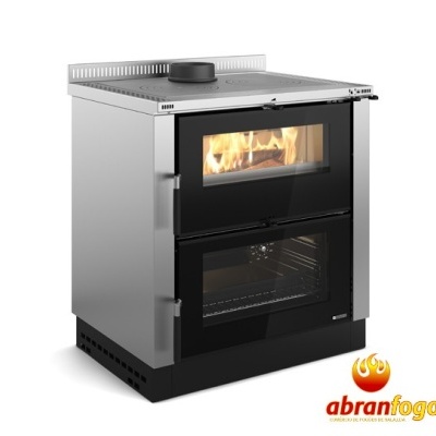 Fogão a lenha de aço inoxidável com duas portas em vidro preto e controlo lateral
