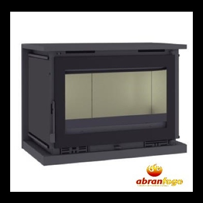 Lareira a lenha em metal preto com vidro frontal