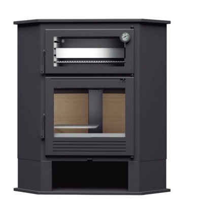 Lareira de canto em ferro preto com forno e termómetro