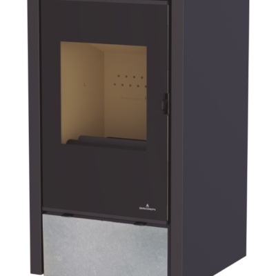 Estufa de pellets Bronpi preta com porta de vidro e visor digital no topo.