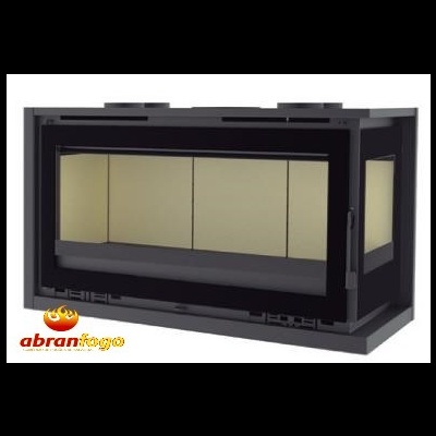 Lareira de embutir preta com vidro frontal e lateral e fundo bege