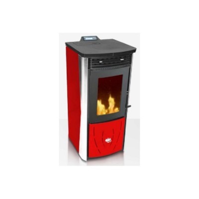 Salamandra vermelha com porta de vidro e fogo visível