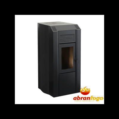 Estufa de pellets preta com porta de vidro e logo abranfogo