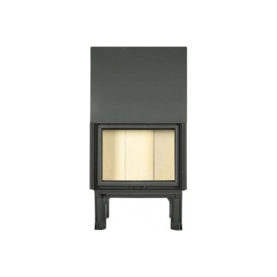 Lareira embutida em metal preto com porta de vidro e interior bege