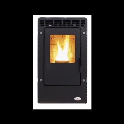 Estufa a pellet preta com porta de vidro mostrando chama