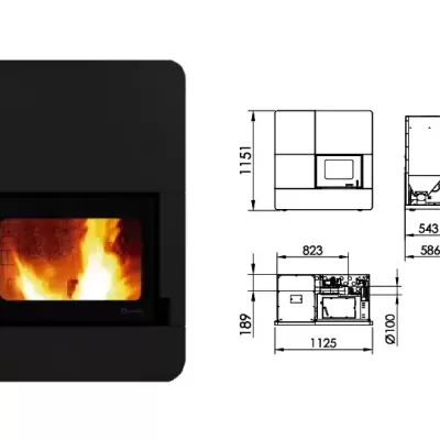 Lareira moderna embutida com moldura preta e desenhos técnicos