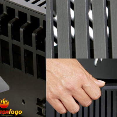 Grelha metálica preta com padrões de ranhuras e logótipo 'abranfogo' em fundo neutro