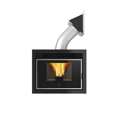 Lareira embutida preta com vidro frontal e chamas visíveis com tubo metálico prateado