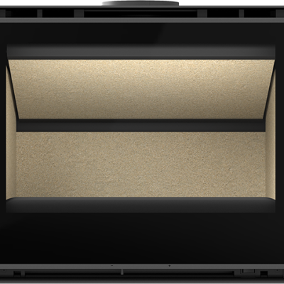 Recipiente preto com porta de vidro e interior bege iluminado