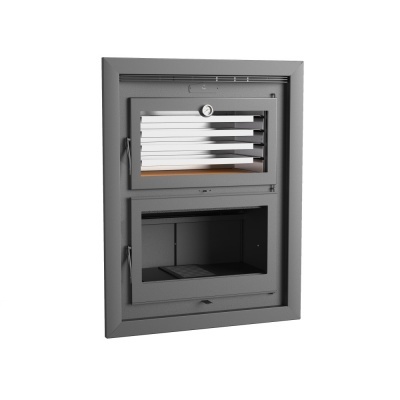 Lareira embutida metálica cinza escuro com duas portas de vidro