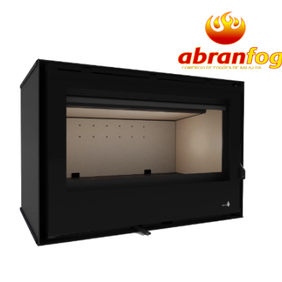 Lareira fechada preta com vidro frontal e logotipo abranfogo