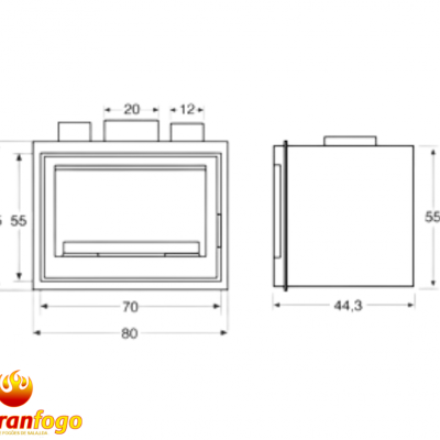 Desenho técnico de equipamento retangular com medidas e logótipo abranfogo