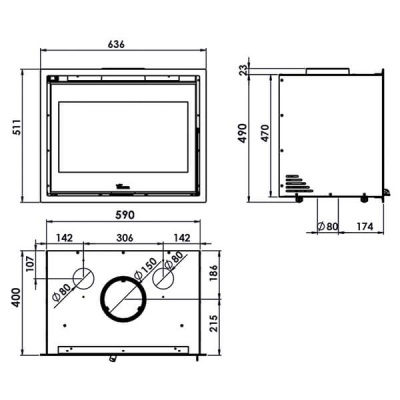 Desenho técnico de aparelho retangular com medidas e detalhes de circulação de ar