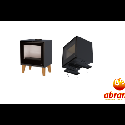 Dois equipamentos de aquecimento metálicos pretos, um com pés de madeira e outro suspenso, com logótipo abranfogo ao lado.