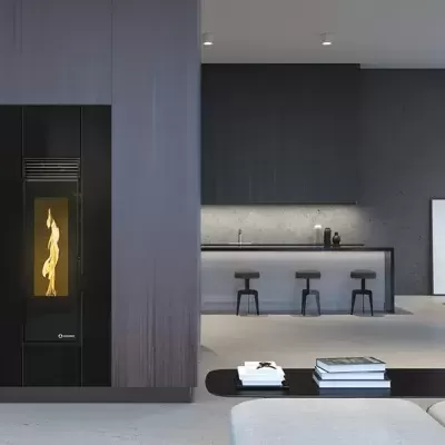 Sala moderna com lareira vertical preta embutida e mobiliário cinza