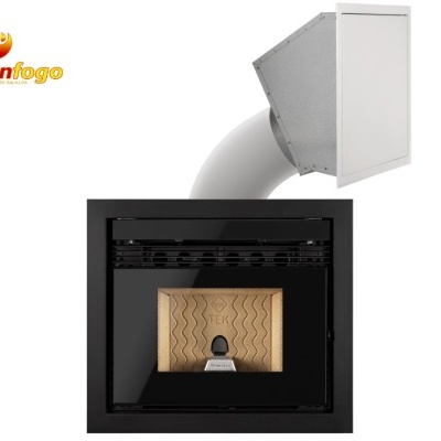 Lareira embutida preta com tubo e logótipo abranfogo