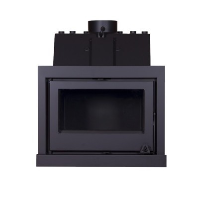 Paínel de lareira de metal preto com porta de vidro retangular.