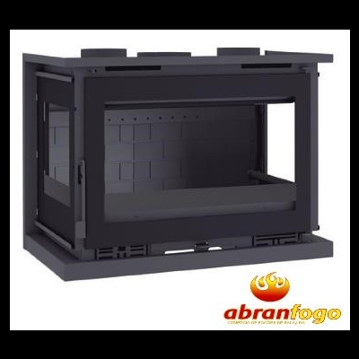 Lareira a lenha preta em ferro fundido com vidro e logótipo abranfogo