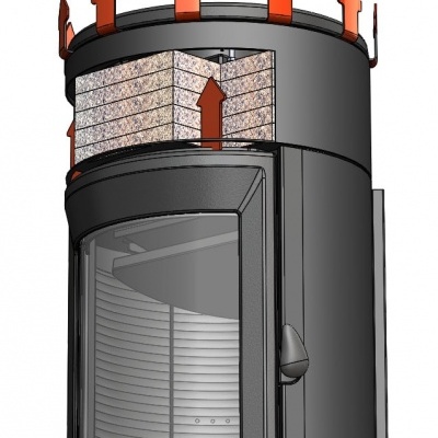 Aparelho cilíndrico preto com porta de vidro e setas vermelhas indicativas de fluxo de ar quente