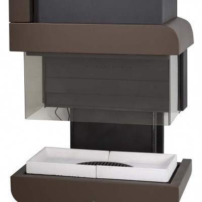 Lareira moderna suspensa castanha com vidro e base branca