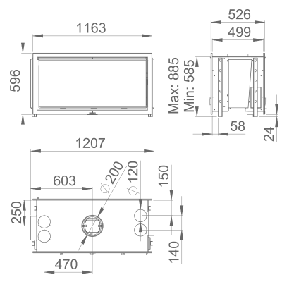 Desenho técnico com medidas e dimensões detalhadas de equipamento rectangular