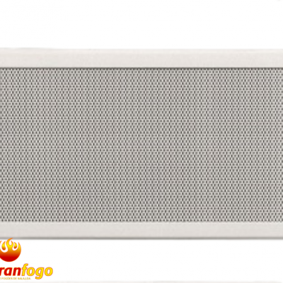 Grelha retangular branca com malha metálica cinza e logótipo abranfogo