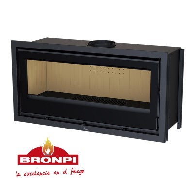 Lareira fechada metálica preta com vidro frontal e logótipo BRONPI