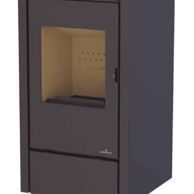 Estufa de pellets preta com vidro e display digital