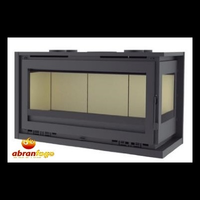 Lareira a lenha embutida em metal cinza com vidro panorâmico e interior amarelo claro