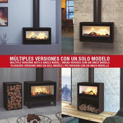 Quatro lareiras a lenha negras com vidro frontal e fogo em diferentes configurações em interiores variados com texto promocional vermelho