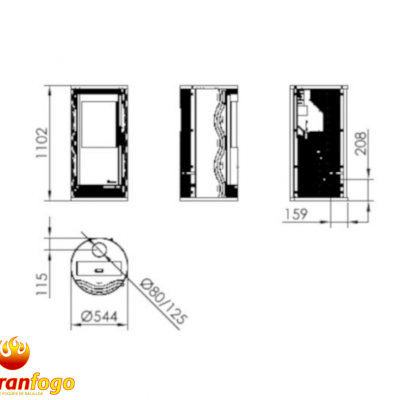 Diagrama técnico do recuperador de calor Abranfogo com medidas em milímetros