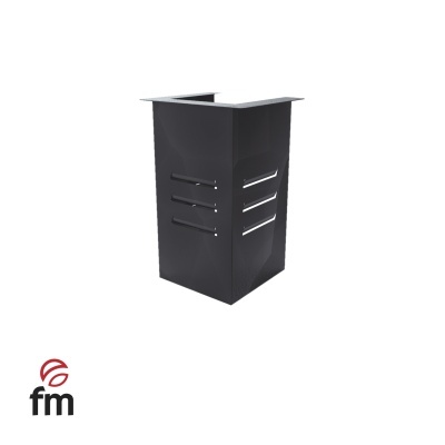 Balcão de exposição preto metálico com aberturas horizontais