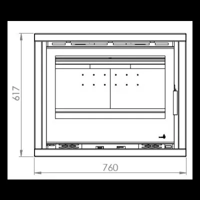 Desenho técnico de uma lareira embutida com porta de vidro e medidas