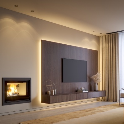 Sala de estar moderna com lareira, painel de madeira e TV