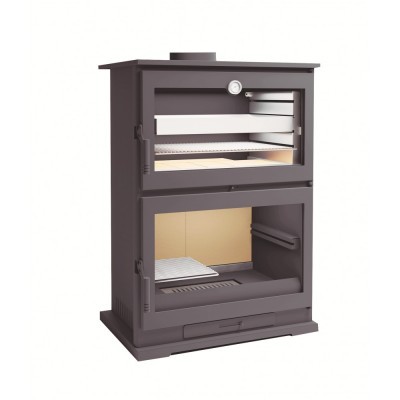 Fogão a lenha castanho escuro com duas portas de vidro e termómetro