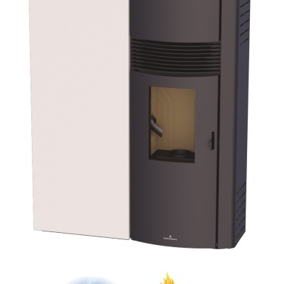 Estufa de pellets preta com painel lateral branco e porta com vidro