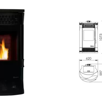 Salamandra a pellets preta com fogo visível e desenho técnico com medidas