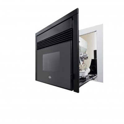 Lareira embutida de parede preta com porta de vidro