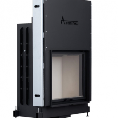 Insert de lareira preto com porta de vidro e logótipo ACAMINETTI