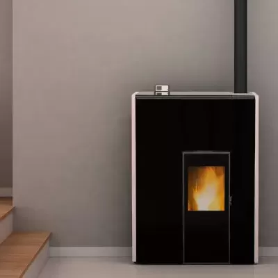 Estufa preta com fogo visível, móvel com plantas e chão de madeira