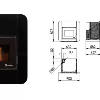 Lareira embutida preta com ligação técnica e chamas visíveis