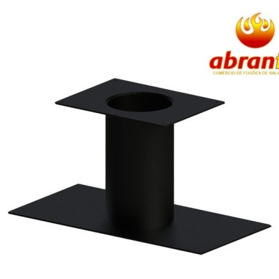 Peça metálica preta com tubo cilíndrico entre duas chapas retangulares e logotipo abranafogo