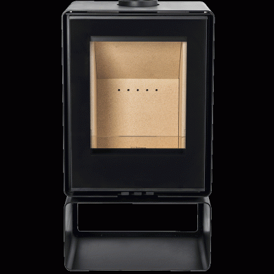 Lareira moderna preta com porta de vidro e interior bege