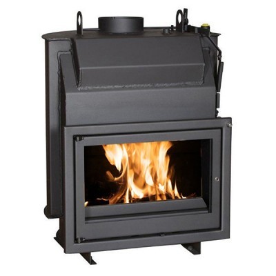 Lareira a lenha em ferro fundido preta com porta de vidro